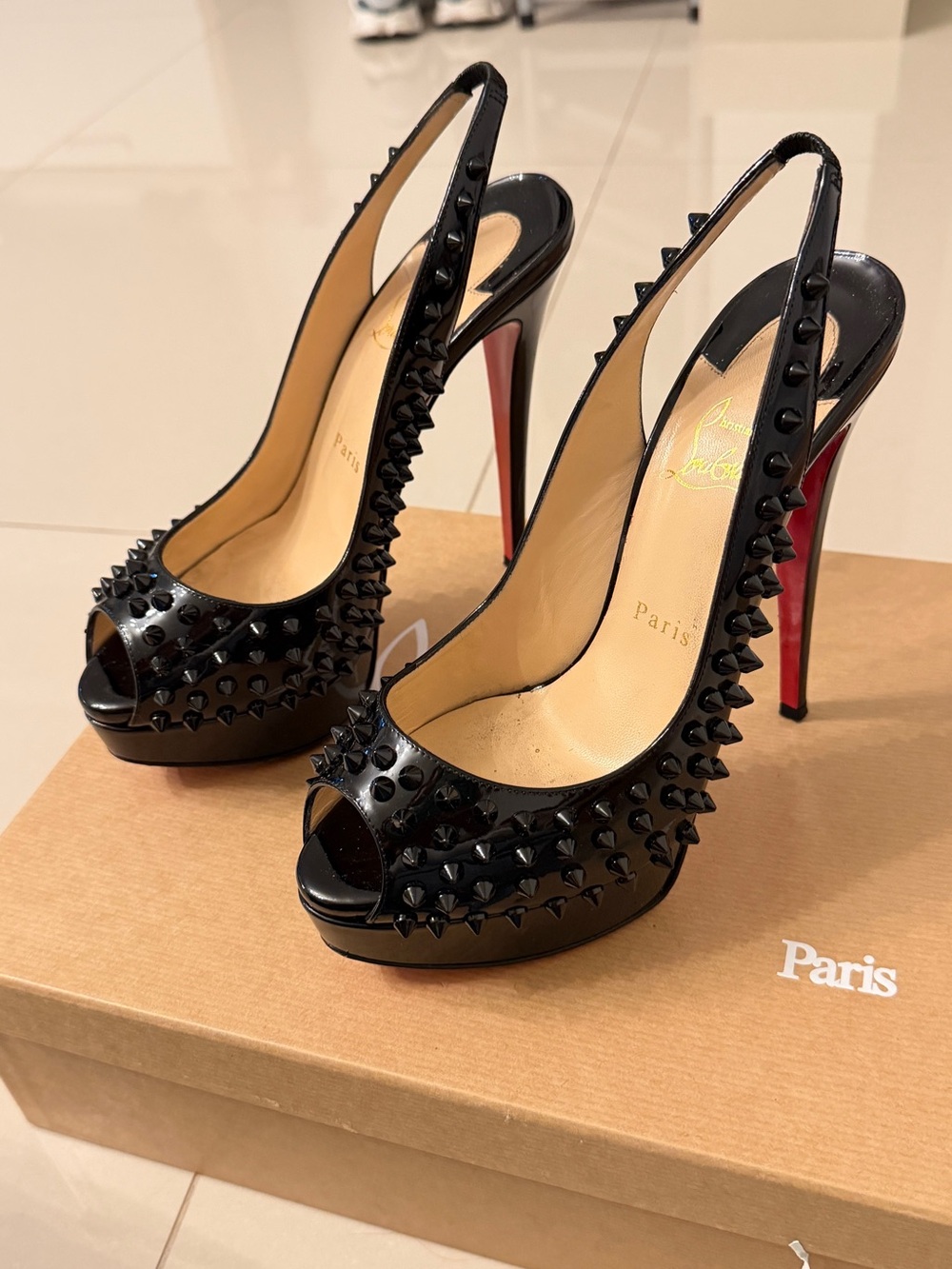 Christian Louboutin Black Patent Leather Spike Peep-Toe Slingback Pumps